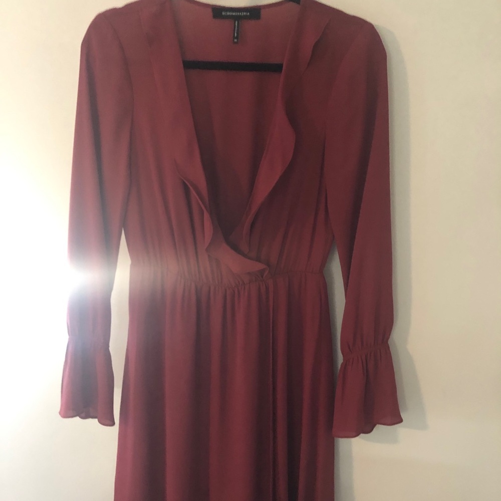BCBG burgundy dress with ruffle detail XS
